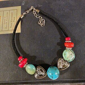 Turquoise & Coral Stone Bracelet with Black Velvet Silver Tone Accents Style E